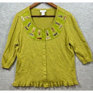 Soft Surroundings Beaded Cardigan Sweater L 3/4 Sleeve Snap Front‎